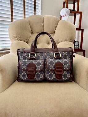 Auth CELINE PARIS Iconic MACADAM TRIOMPHE Indigo Denim Satchel Bag